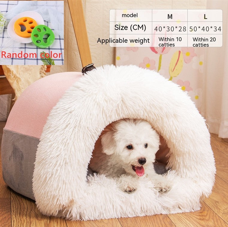 Warm Plush Pet Bed with soft long plush fabric, semi-enclosed design, and moisture-resistant base for cats, puppies, and small dogs