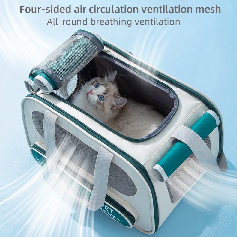 Soft Sided Pet Travel Carrier with breathable mesh panels, foldable design, shoulder strap, and secure zipper for cats and small dogs