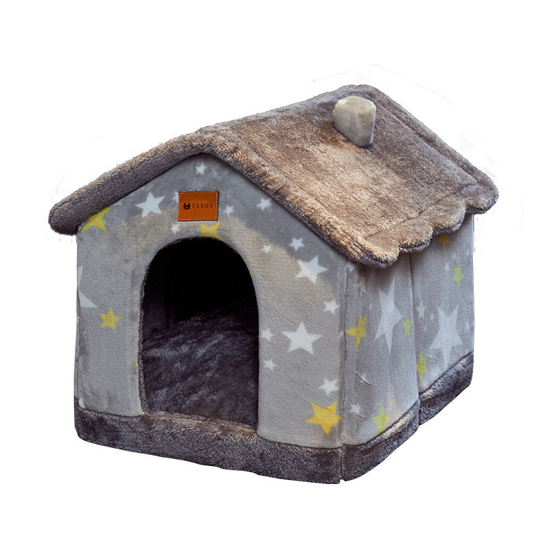 Foldable Warm Pet House with soft plush interior, removable cushion, semi-enclosed cave design, and non-slip base for cats and small dogs