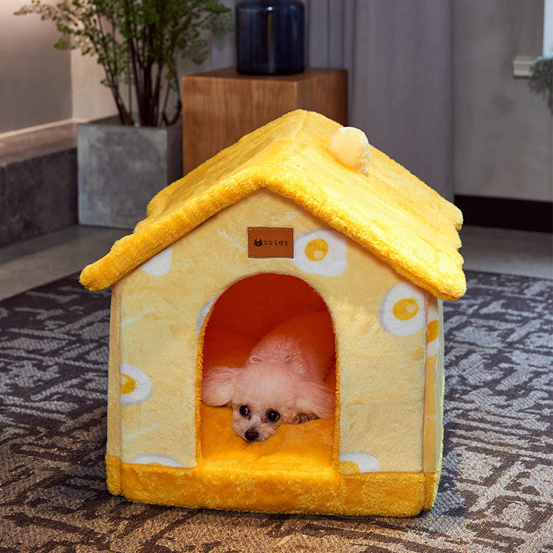 Foldable Warm Pet House with soft plush interior, removable cushion, semi-enclosed cave design, and non-slip base for cats and small dogs
