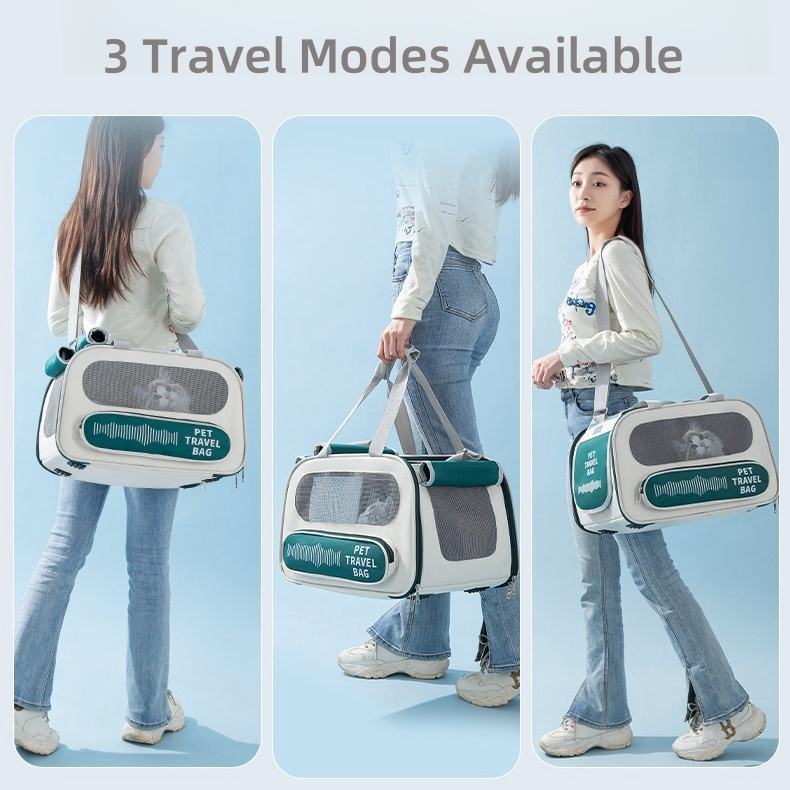 Soft Sided Pet Travel Carrier with breathable mesh panels, foldable design, shoulder strap, and secure zipper for cats and small dogs