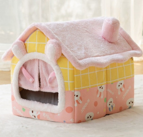 Foldable Warm Pet House with soft plush interior, removable cushion, semi-enclosed cave design, and non-slip base for cats and small dogs