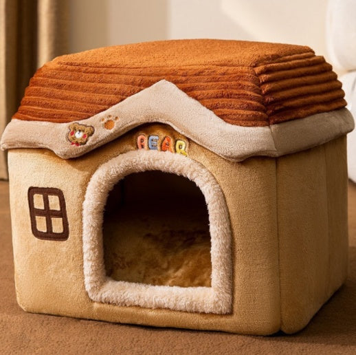 Foldable Warm Pet House with soft plush interior, removable cushion, semi-enclosed cave design, and non-slip base for cats and small dogs