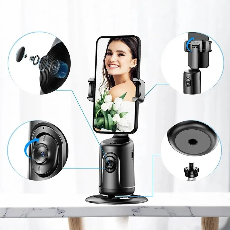 AI Auto Face Tracking Phone Holder with 360-degree smart rotation, gesture control, USB rechargeable battery, and tripod compatibility for vlogging and live streaming