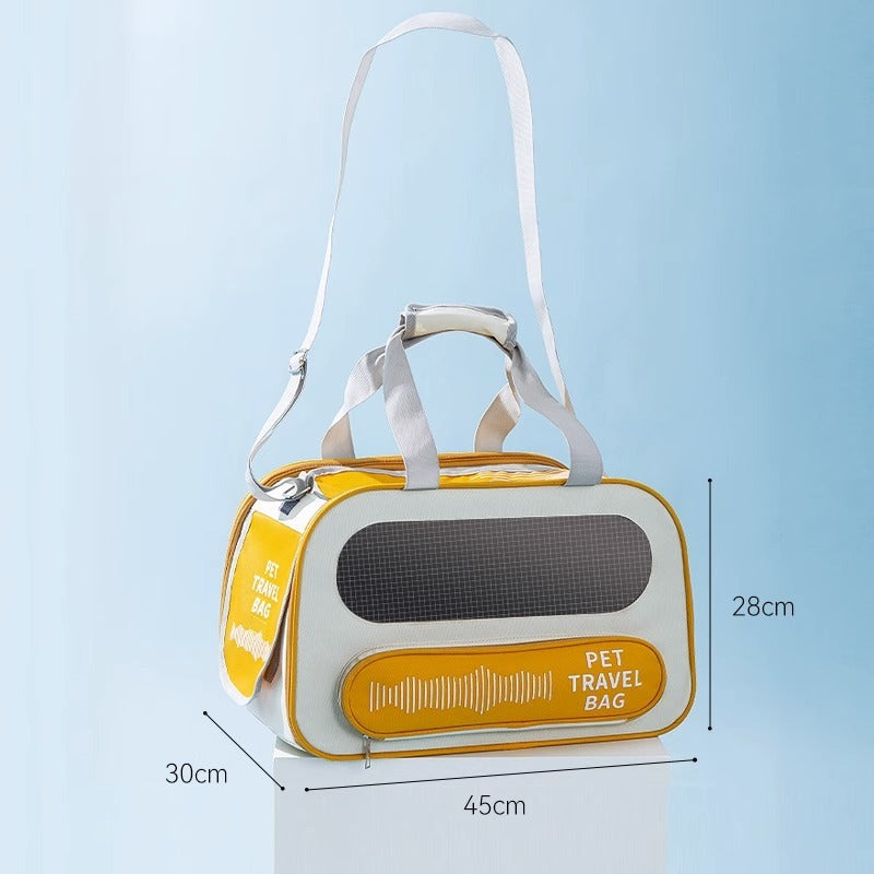 Soft Sided Pet Travel Carrier with breathable mesh panels, foldable design, shoulder strap, and secure zipper for cats and small dogs