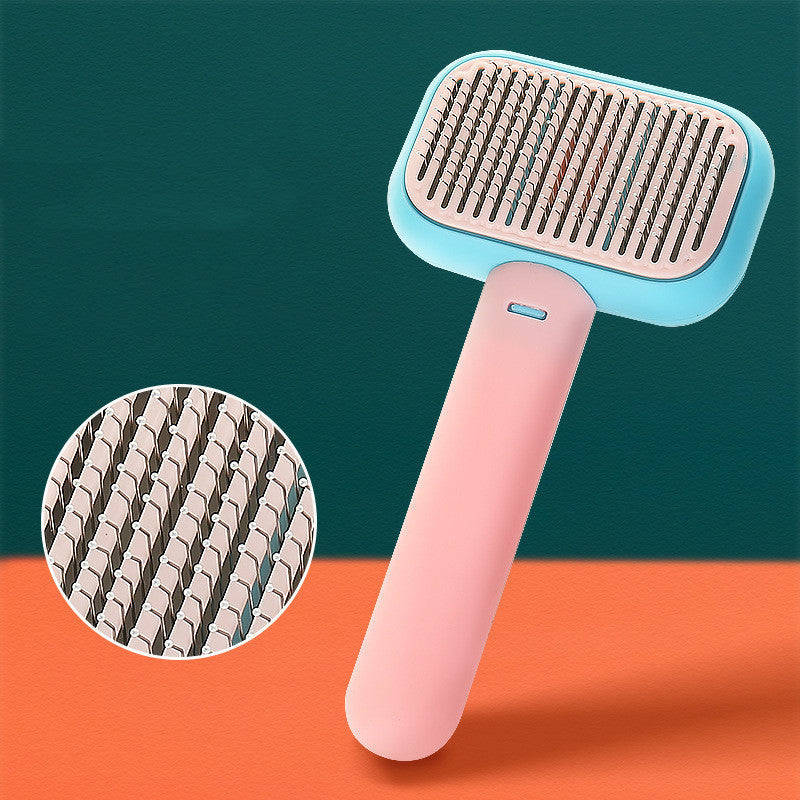 Pet Grooming Massage Brush with stainless steel pins for removing loose hair, tangles, and knots from cats and dogs while providing a gentle massage