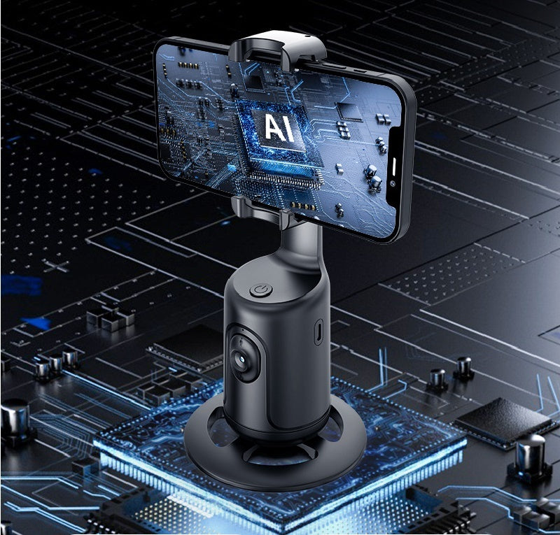 AI Auto Face Tracking Phone Holder with 360-degree smart rotation, gesture control, USB rechargeable battery, and tripod compatibility for vlogging and live streaming