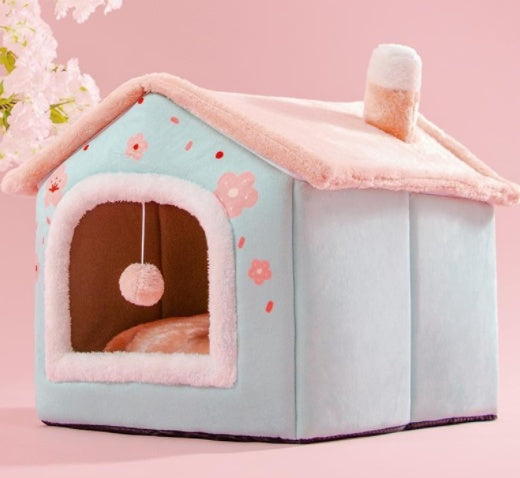 Foldable Warm Pet House with soft plush interior, removable cushion, semi-enclosed cave design, and non-slip base for cats and small dogs