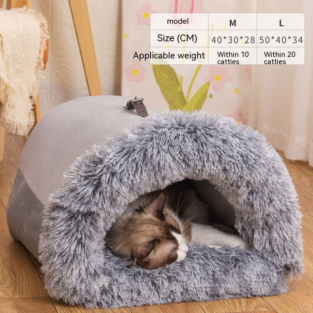 Warm Plush Pet Bed with soft long plush fabric, semi-enclosed design, and moisture-resistant base for cats, puppies, and small dogs