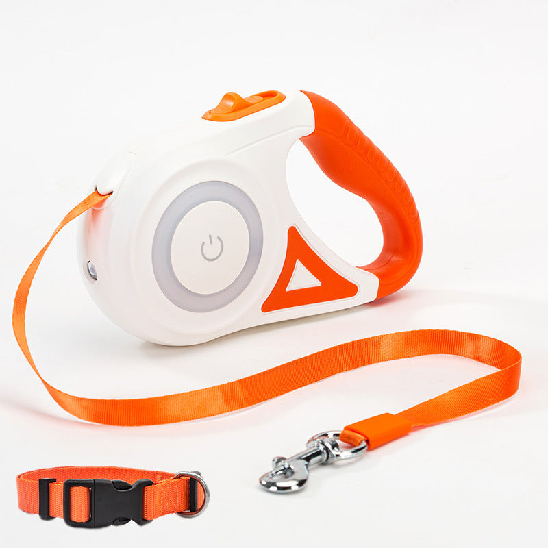 Retractable Dog Leash with Collar featuring automatic retractable nylon rope, ergonomic anti-slip handle, and one-button locking system for small and medium dogs