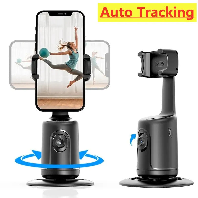 AI Auto Face Tracking Phone Holder with 360-degree smart rotation, gesture control, USB rechargeable battery, and tripod compatibility for vlogging and live streaming
