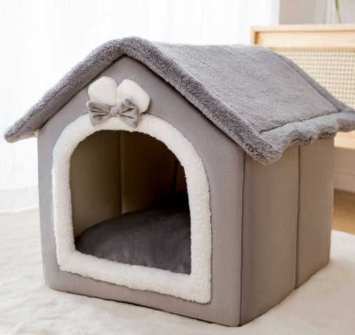 Foldable Warm Pet House with soft plush interior, removable cushion, semi-enclosed cave design, and non-slip base for cats and small dogs