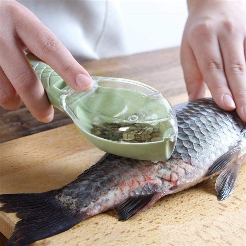 Fish Scale Scraper with protective cover, ergonomic handle, and stainless steel scraping edge for easy fish cleaning in the kitchen