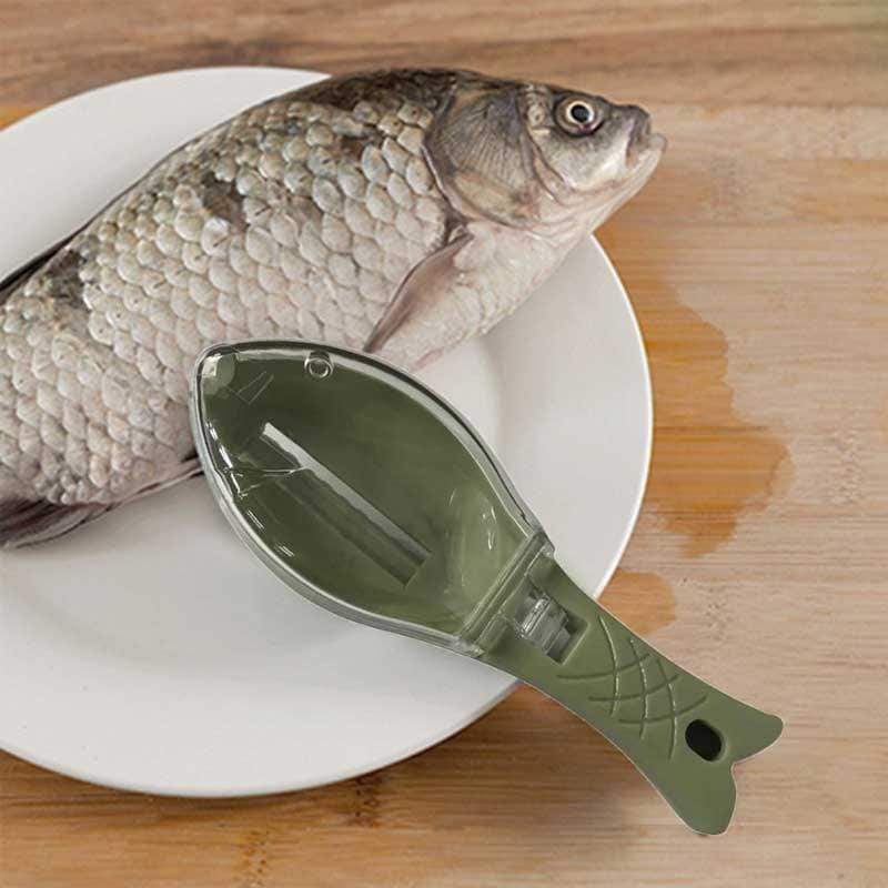 Fish Scale Scraper with protective cover, ergonomic handle, and stainless steel scraping edge for easy fish cleaning in the kitchen