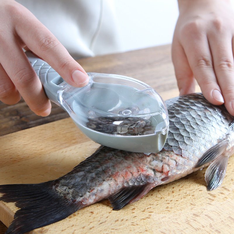 Fish Scale Scraper with protective cover, ergonomic handle, and stainless steel scraping edge for easy fish cleaning in the kitchen