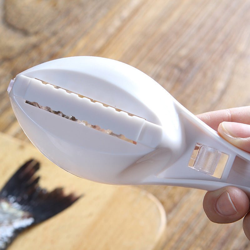 Fish Scale Scraper with protective cover, ergonomic handle, and stainless steel scraping edge for easy fish cleaning in the kitchen