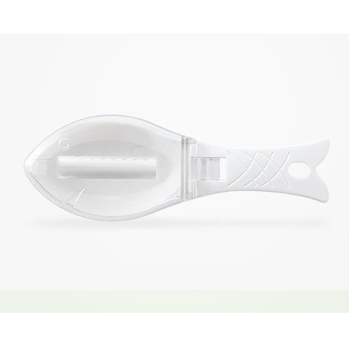 Fish Scale Scraper with protective cover, ergonomic handle, and stainless steel scraping edge for easy fish cleaning in the kitchen