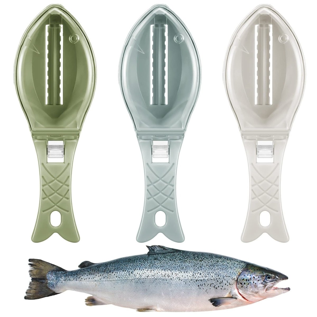 Fish Scale Scraper with protective cover, ergonomic handle, and stainless steel scraping edge for easy fish cleaning in the kitchen