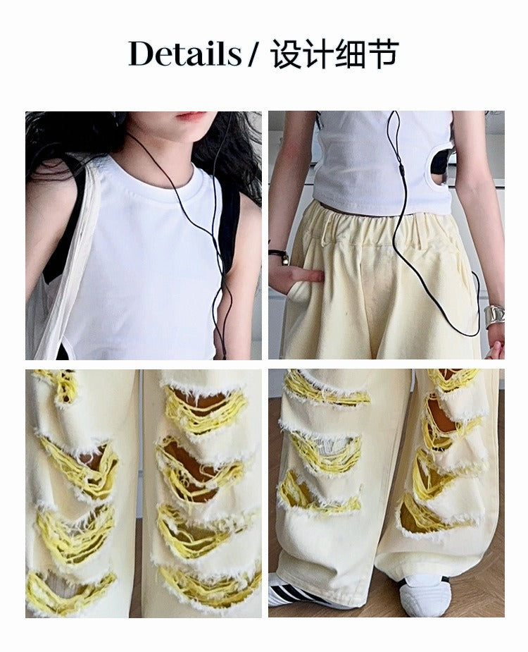 Trendy Cool Jeans Casual Vest Two-piece Set Ripped Pants