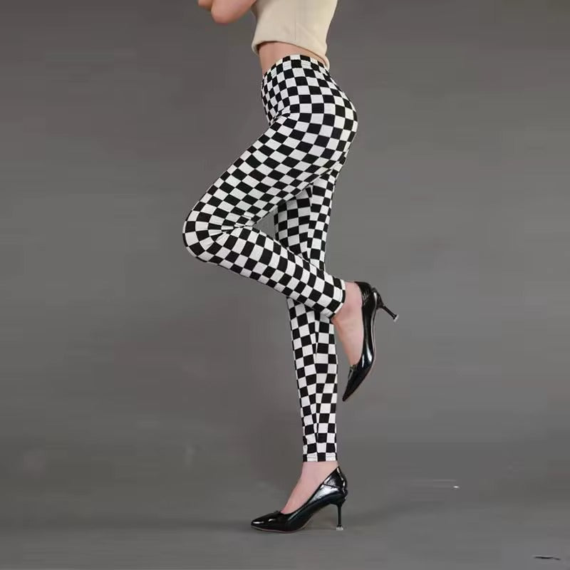 Women Plaid Leggings Fashion Print Fitness Houndstooth Floral Stripe Dot Leopard Pure Black Pants High Waist Trousers
