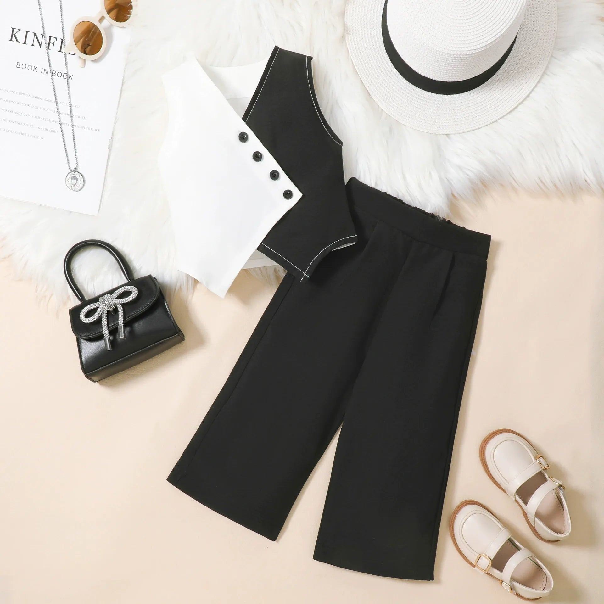V-neck waistcoat vest top + solid color wide-leg trousers set