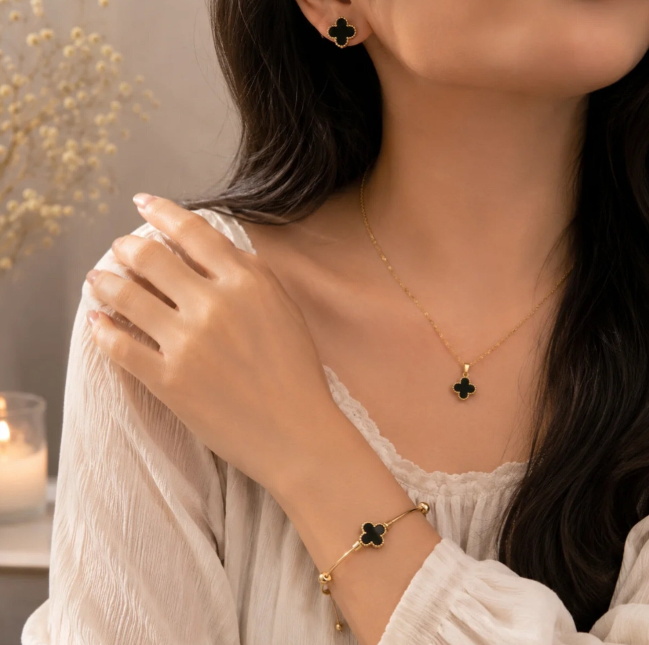 Black Clover Jewelry Set (Pendant Necklace, Stud Earrings, and Bangle Bracelet)