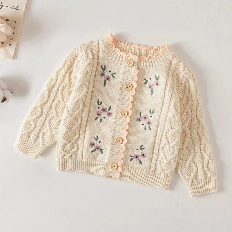 Winter Spring Baby Knitted Clothing Long Sleeved Floral Embroidery Knitting Coat Newborn Baby Girls Knitting Cardigan Sweater (Available) - Mom & Kids