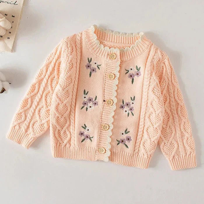 Winter Spring Baby Knitted Clothing Long Sleeved Floral Embroidery Knitting Coat Newborn Baby Girls Knitting Cardigan Sweater (Available) - Mom & Kids