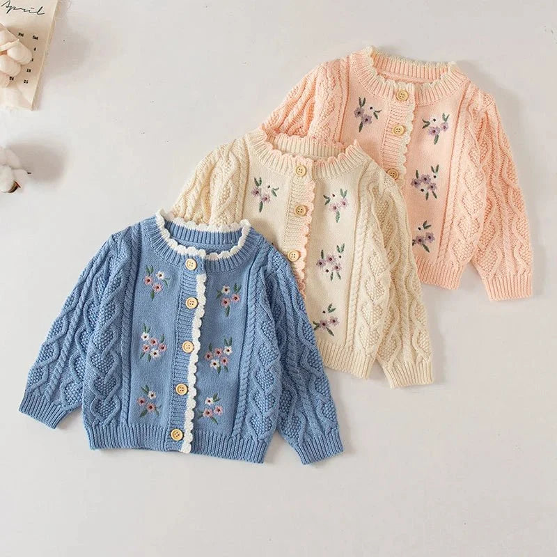 Winter Spring Baby Knitted Clothing Long Sleeved Floral Embroidery Knitting Coat Newborn Baby Girls Knitting Cardigan Sweater (Available) - Mom & Kids