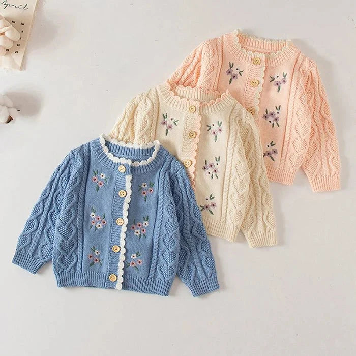 Winter Spring Baby Knitted Clothing Long Sleeved Floral Embroidery Knitting Coat Newborn Baby Girls Knitting Cardigan Sweater (Available) - Mom & Kids
