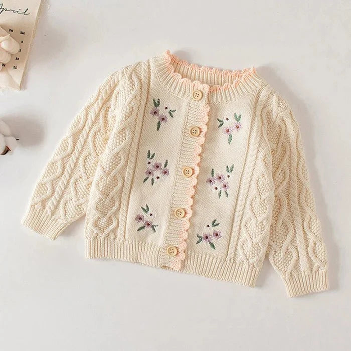 Winter Spring Baby Knitted Clothing Long Sleeved Floral Embroidery Knitting Coat Newborn Baby Girls Knitting Cardigan Sweater (Available) - Mom & Kids
